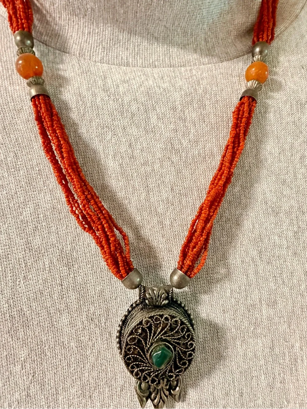 Artisan Orange Multi Strand Beaded Silver Tone Amulet Necklace